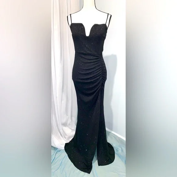 strapless open back dress Black Halter Sequin Prom Dress, Sparkly Ruffled Tulle Ball Gown US 2 / Black main image 0